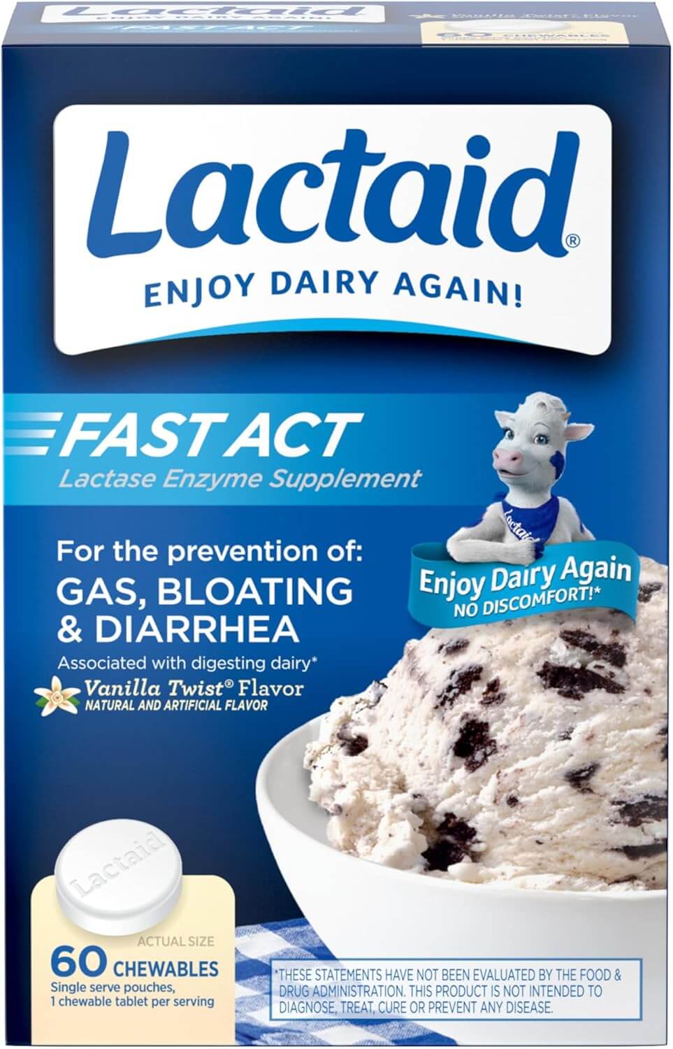 Lactaid Fast Act Lactase Enzyme Suplemento Sabor Baunilha (60 Comprimidos)