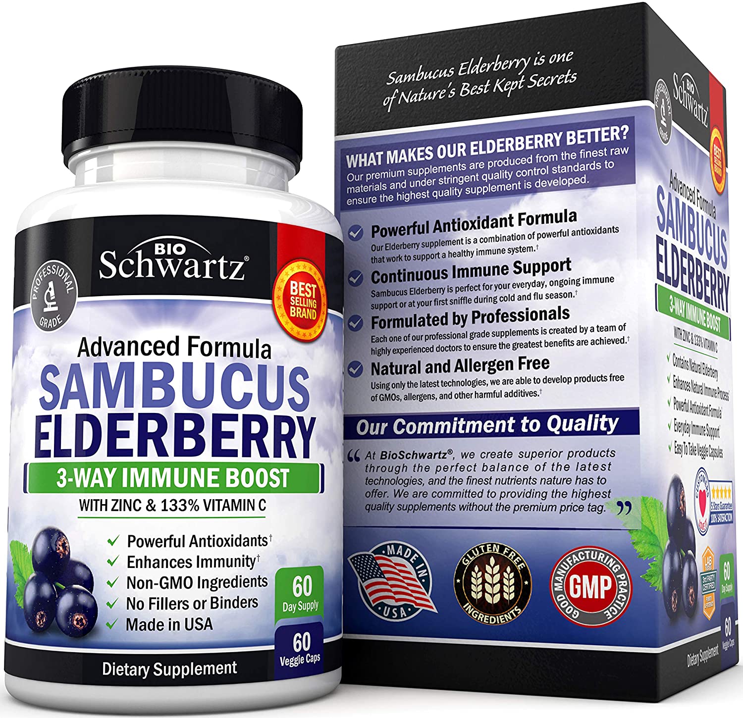 Sambucus Elderberry Capsules with Zinc & Vitamin C - Women & Mens Daily Herbal Supplement for Immune Support, Skin Health - Powerful Antioxidant - Na