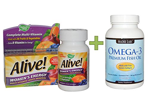 Vitamins Supplements Natures Way, Alive! Womens Energy, Multivitamin-multimineral, 50 Tablets Plus Madre Labs, Omega-3 Premium Fish Oil, 100 Fish GE