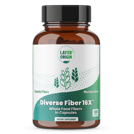 Layer Origin  Diverse Fiber 16X Whole Food Fibers in Capsules  Soluble, Insoluble, Prebiotic  Psyllium Husk, Oat Fiber, Oat Bran, Chicory Root, Acacia