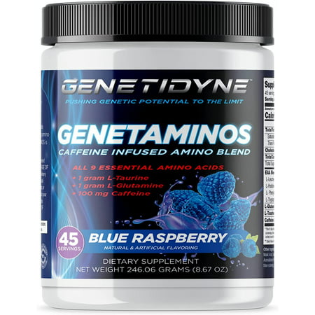 Genetidyne Genetaminos - Caffeine Infused Amino Blend - Blue Raspberry Flavor EAA Powder Drink Mix with All 9 Amino Acids - 8.67 Oz 45 Serving Contain