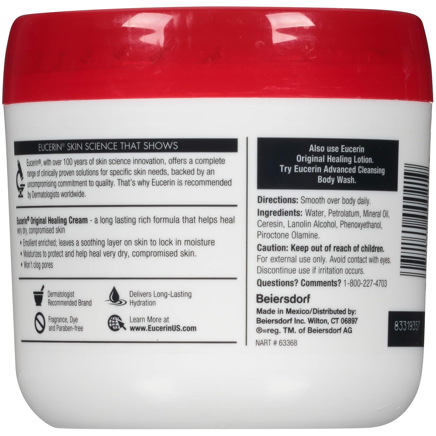 Eucerin Original Healing Cream - Loo rica e sem perfume, para peles extremamente secas - 16 oz. Jarro - Pacote Duplo