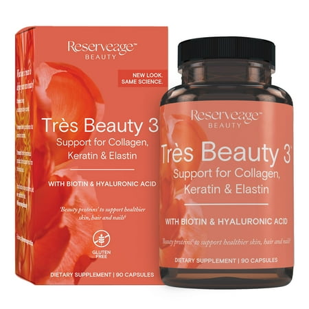 Reserveage  Tres Beauty 3  Beauty Supplement for Hair  Skin and Nails with Collagen  Keratin and Biotin  Gluten Free  90 Capsules (30 Servings)