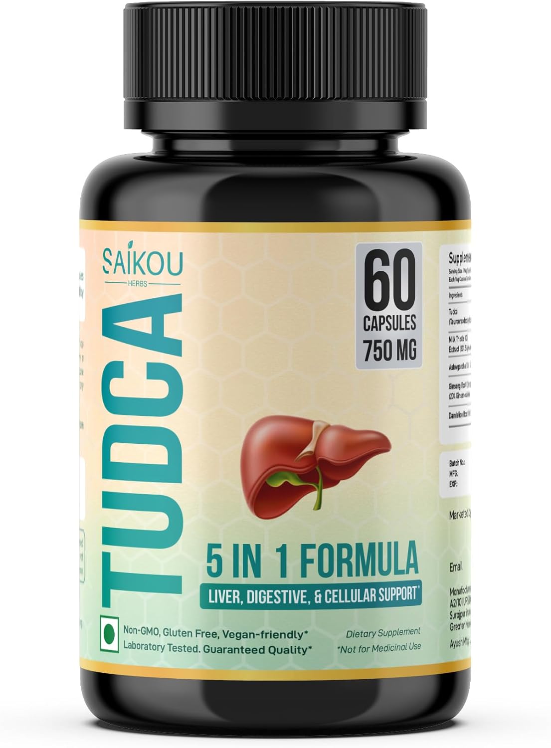Saiko Herbs TUDCA 500mg com Cardo Mariano 100mg, Ashwagandha 50mg, Dente-de-leo 50mg e Ginseng 50mg (750mg total) - 60 Cpsulas